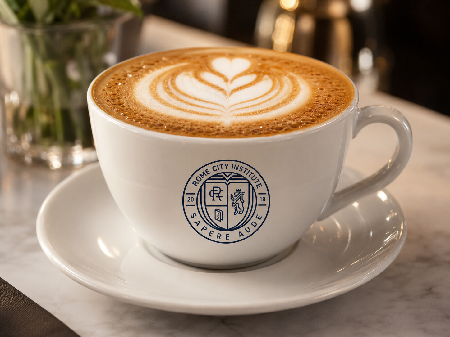Latte with Rome City Institute crest in a Lions Cafe cup