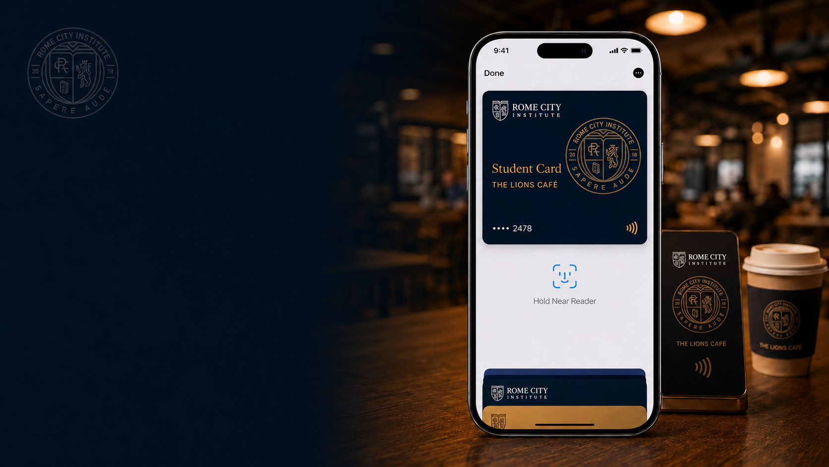 The Lions Cafe Student Card in a mobile wallet, tapping to pay, with the cafe counter in the background