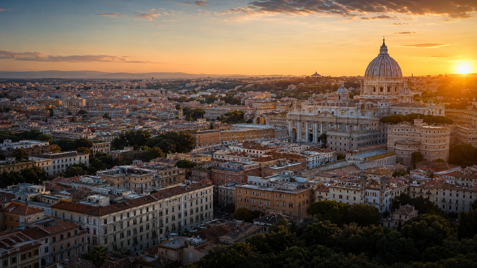 Sunset over the Rome skyline with St. Peter's Basilica dome