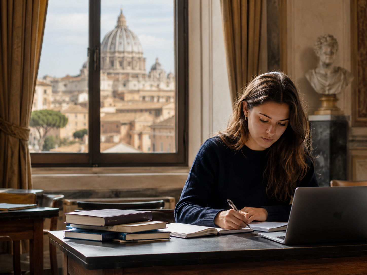 Rome City Institute student studying with a view of St. Peter's dome
