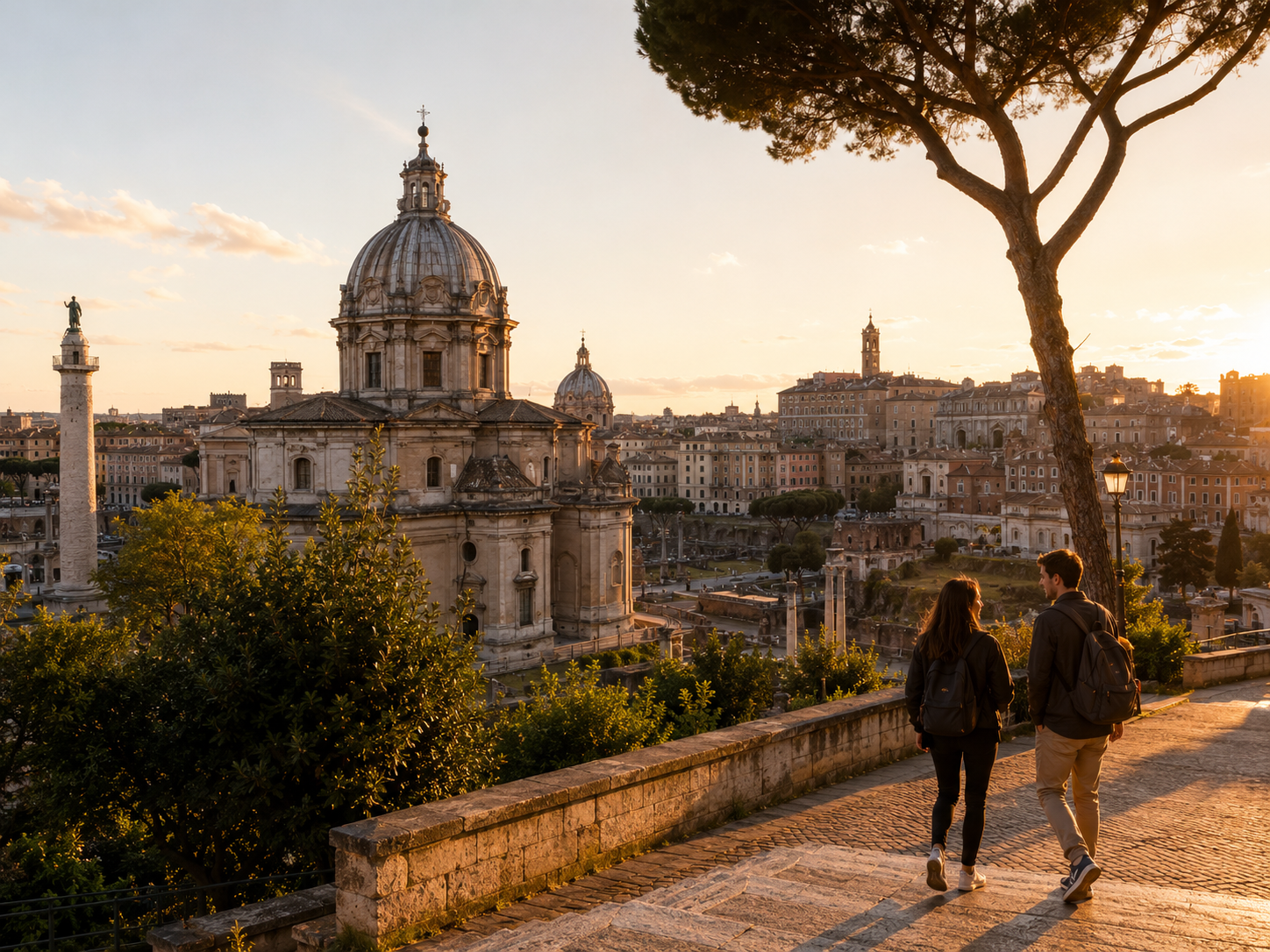 Students walking through the Roman Forum at golden hour