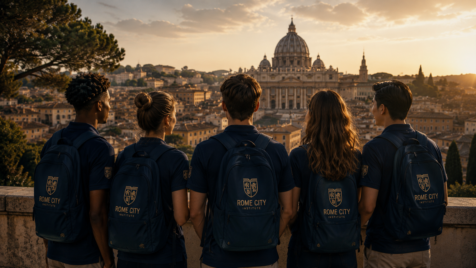 Rome City Institute students overlooking St. Peter's Basilica at sunset