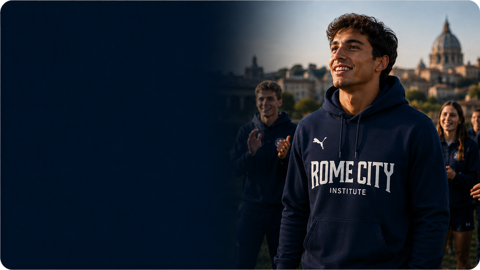 Rome City Institute student-athletes in Rome City hoodies with Rome's skyline behind them