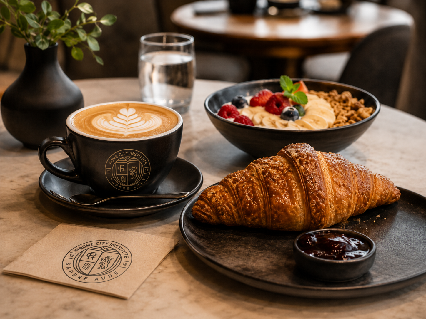 Cappuccino with Rome City Institute crest, croissant and fruit bowl at The Lions Cafe