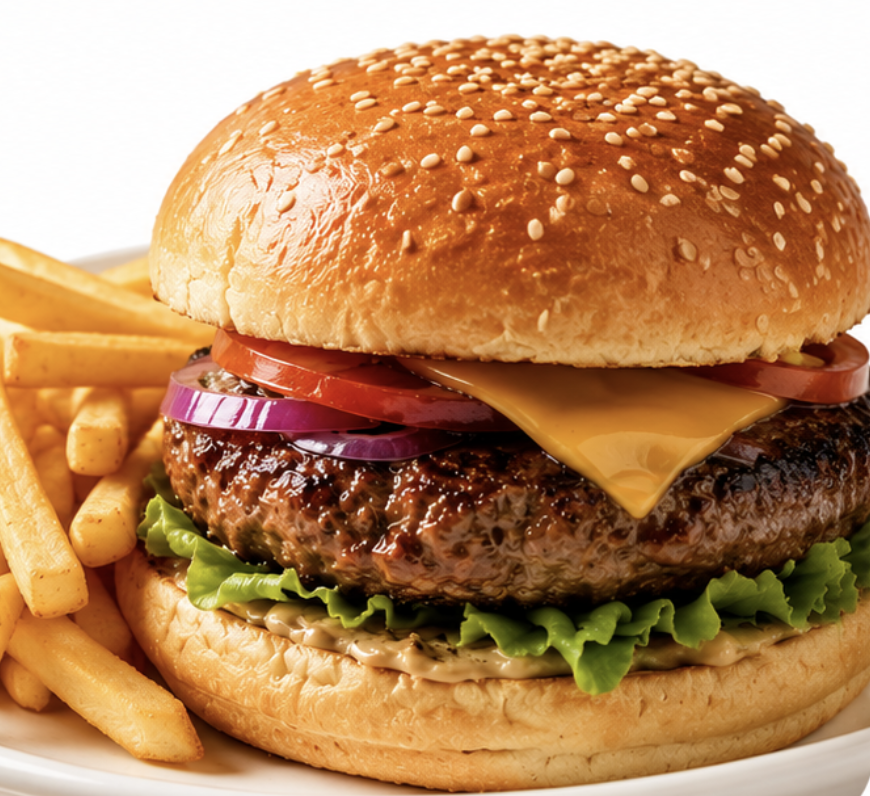 Cheeseburger and fries at The Lions Cafe