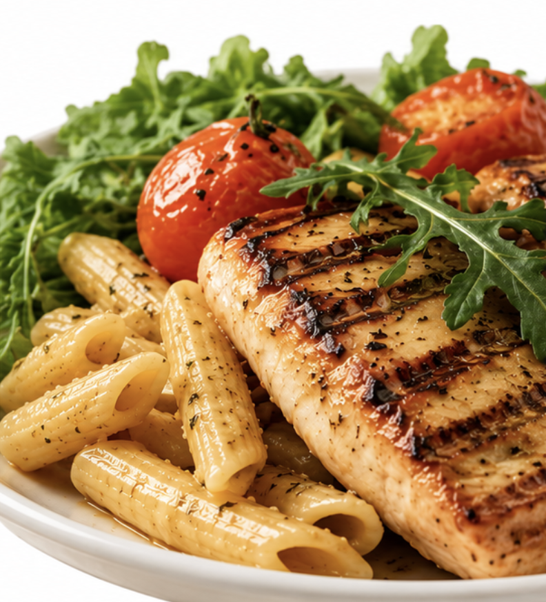 Grilled chicken with pasta and arugula at The Lions Cafe